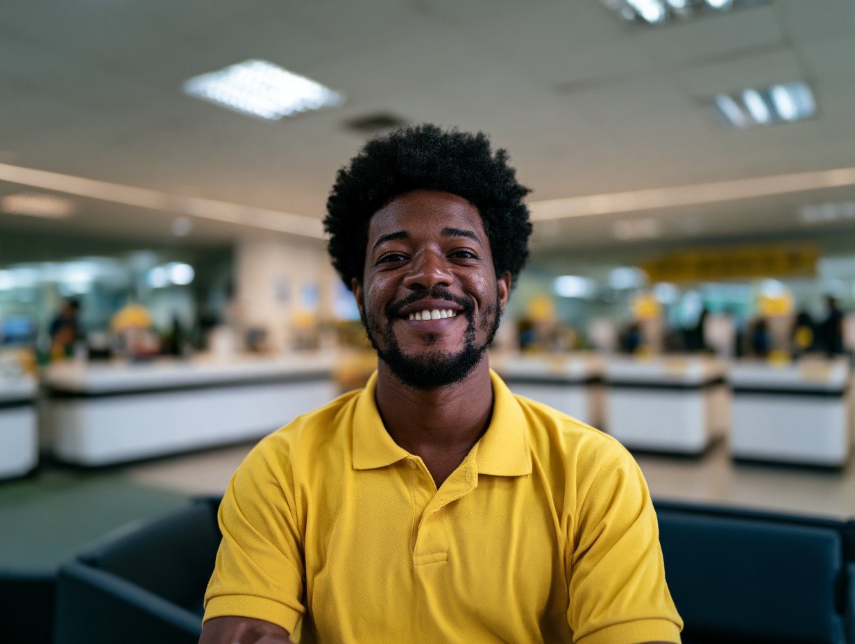 Homem sorrindo em um posto de atendimento
