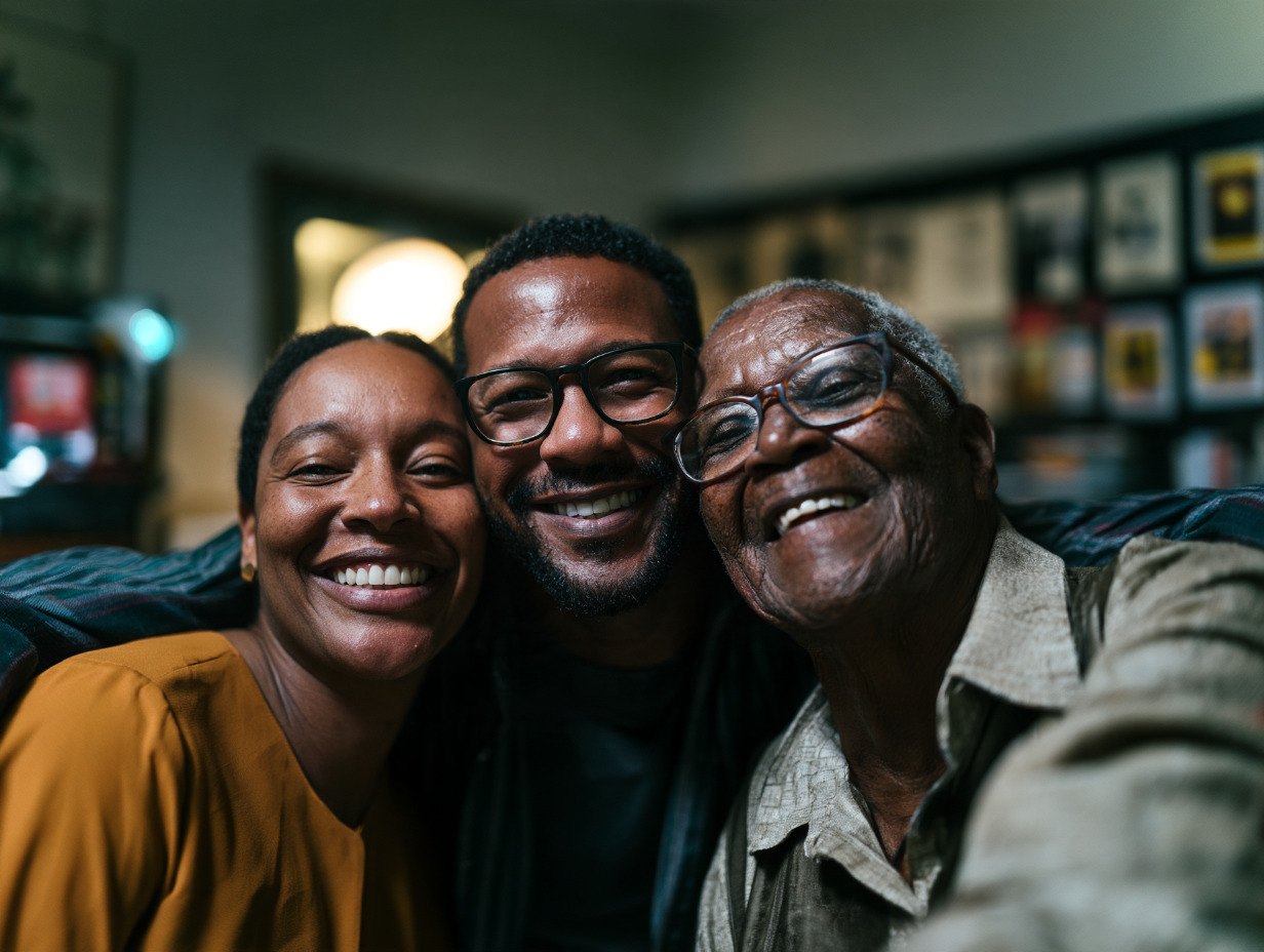 Família de três gerações abraçada, sorrindo